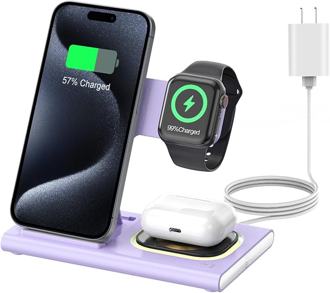 3 in 1 Foldable Wireless Fast Charging Station for Apple Multiple Devices | iPhone Charging Station for iPhone 17, Travel iWatch Charger Stand, Light Nightstand Charging Dock for Apple Watch/Airpods