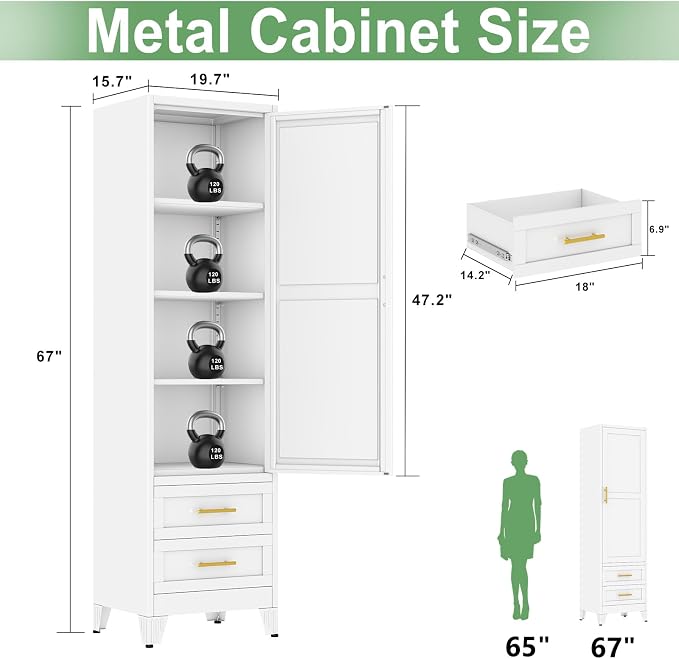 Ckzbx Tall Narrow Storage Cabinet, 66.93" H Tall Bathroom Cabinet Metal Pantry Cabinets with Drawers, 3 Adjustable Shelves, for Kitchen, Bathroom, Home Office, Living Room (White)