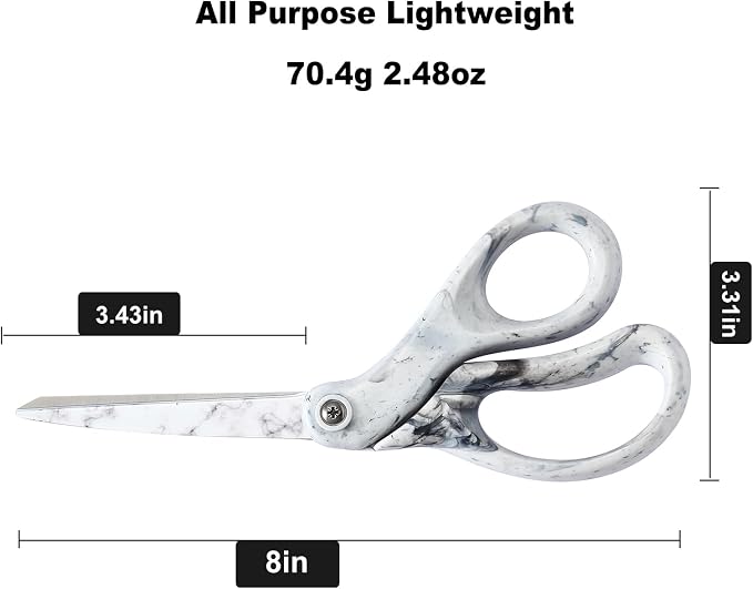LIVINGO 8" Office Scissors Heavy Duty All Purpose Shears Marble White | Sharp Stainless Steel Blade, Soft Smooth Handle, Sewing Fabric Craft Paper Cutting, Home Office Supplies