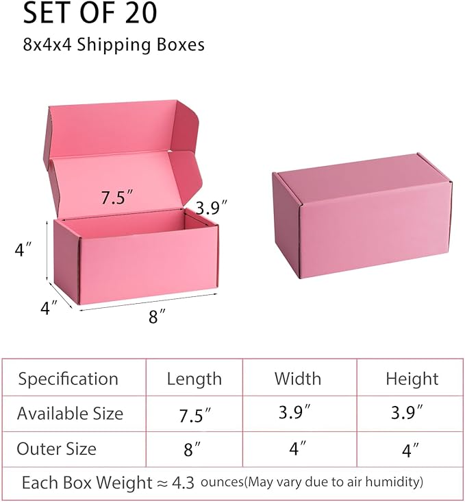 Small Shipping Boxes 8x4x4 Inches – Pink Corrugated Cardboard Boxes (20-Pack) for Mailing, Packing, Small Business & Gift Packaging - Recyclable & Sturdy