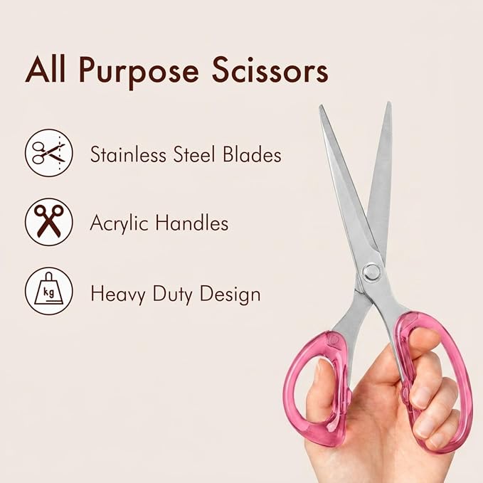 9” Stainless Steel Acrylic Scissors, Pink with Silver Metal | Aesthetic and sharp all purpose scissors, Perfect for sewing, arts, and crafts, Stationery tools for office, and school