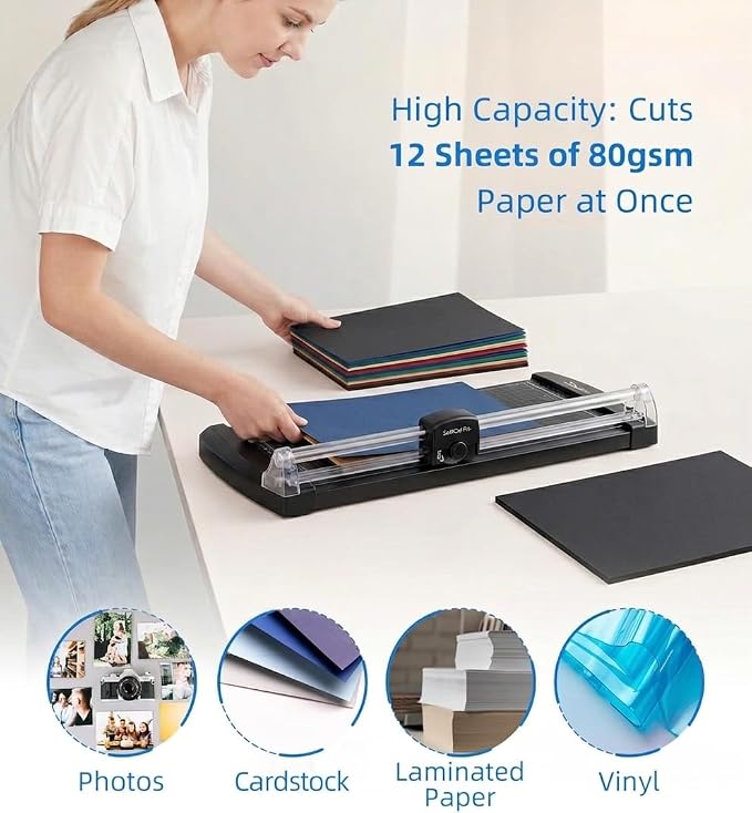12-Inch Guillotine Paper Cutter, Black | Heavy Duty, 12-Sheet Capacity, Hidden Ruler, Compact Design, For Cardstock, Photos, Scrapbooking, Office & Classroom
