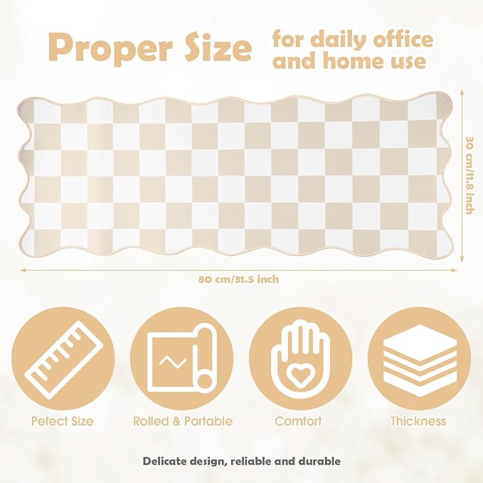 1 Pcs Beige Scalloped Checkered Desk Mat 31.5 x 11.8 Inch Large Cute Mouse Pad Computer Mat Non Slip Waterproof Rubber Base with Border Stitching Soft Keyboard Pad for Home Office Gaming Makeup