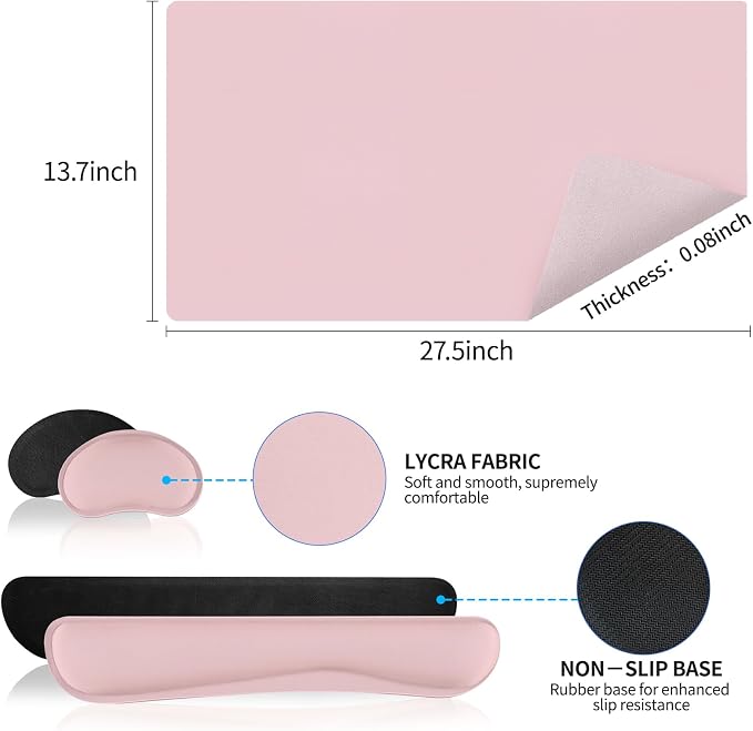 Desk Mat Set， Wrist Rest for Computer Keyboard, 3-in-1 Large Mouse Pad and Keyboard Wrist Rest Set, Non-Slip Desk Mat Protector for Office, Home(27.5×13.8 Inches, Pink)