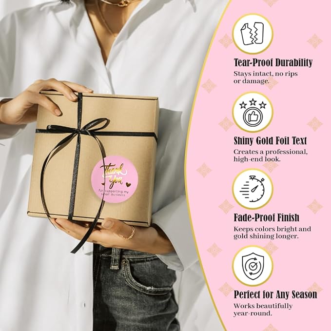 Pink Thank You Stickers Gold Foil – 500 Waterproof 1.5” Round Labels for Small Business Packaging, Custom Thank You Labels for Envelopes, Gift Bags, Boxes, Cards & Orders