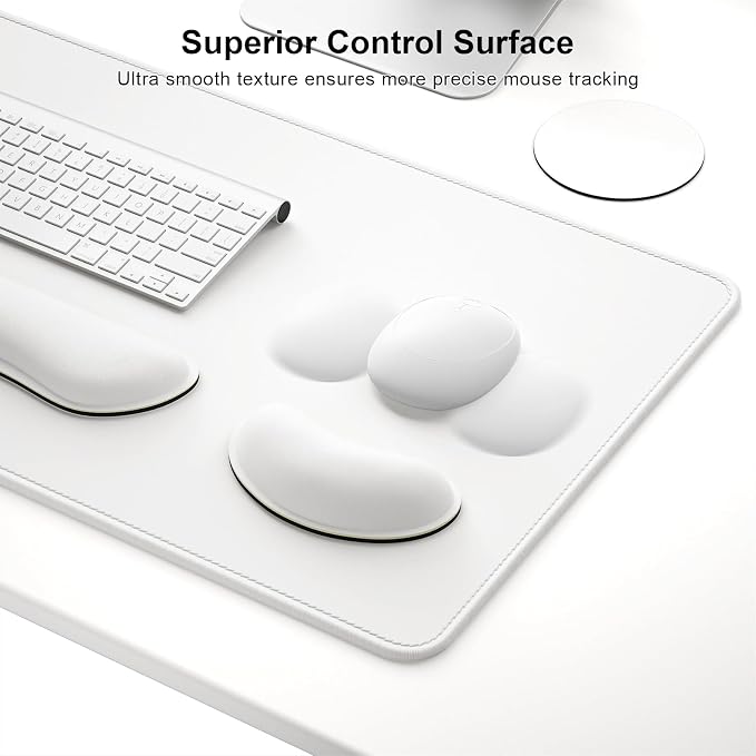 Dapesuom Keyboard Wrist Rest Mouse Pad Set, 4Pcs Extended Large XXL Gaming Mousepad + Mouse Wrist Cushion + Memory Foam Keyboard Wrist Support + Cup Coaster, White 31.5x15.7in Desk Pad for Home Office