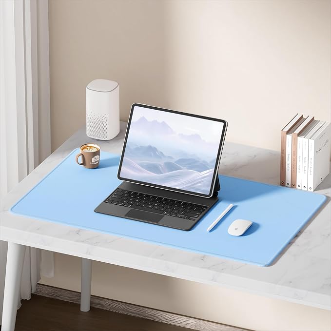 Hsurbtra Desk Pad, 32" x 16" Premium-Textured Desk Mat, Stitched Edge Anti-Slip Waterproof Rubber Mouse Pad, L Extended Computer Mat for Office Gaming Laptop Keyboard Sky Blue