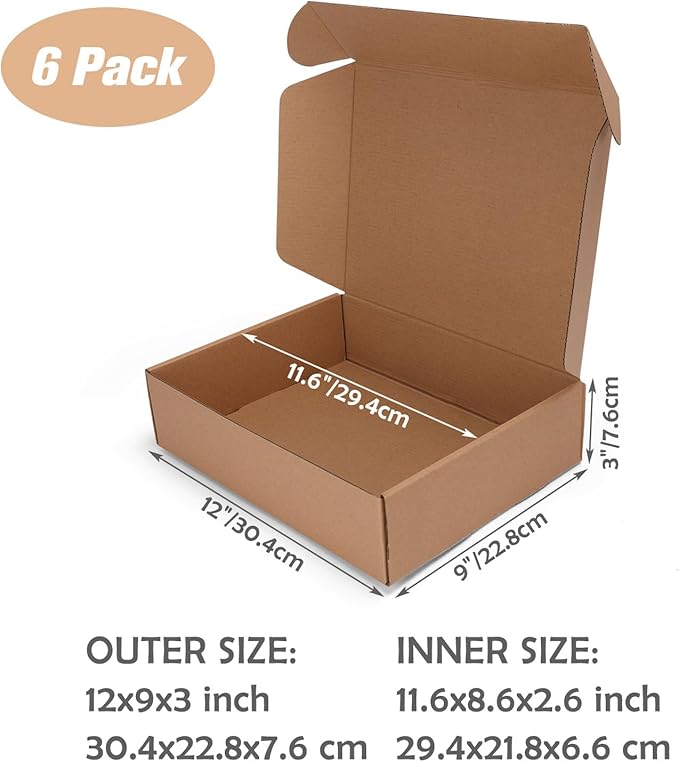12x9x3 inch Shipping Boxes Set of 6 Brown, Inner Size 11.6x8.6x2.6 inch Cardboard Box Mailers for Small Business Packaging Mailing or Gift Wrapping Giving