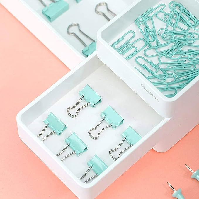 Paper Clips Binder Push Pin Set, Assorted Sized Binder Clips | Cute Office Supplies, Aesthetic Desk Accessories Teachers Desk Must Have, Paper Clips and Binder Clips Set, Green, 3 Pack