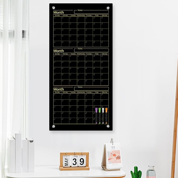 Black Glass Whiteboard Calendar 36" X 18" 3 Month Dry Erase White Board Planner Glass Large Wall Mounted Calendar with Marker Tray for Wall Home Office