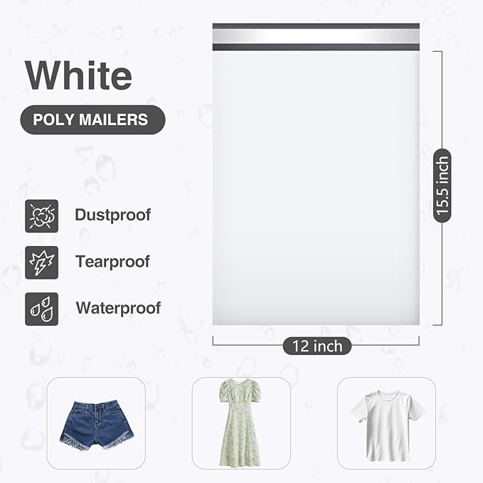 UCGOU 12x15.5 Inch Poly Mailers White Shipping Bags Self-Sealing Waterproof and Tear Proof 50 Pack