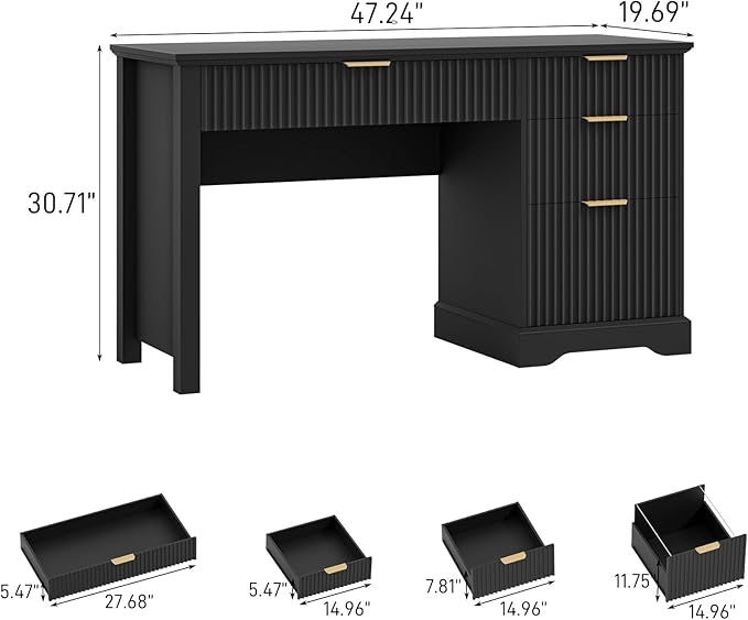 Vabches Fluted Executive Desk with Drawers, Wood Computer Desk with Ample File Drawer, Home Office Desk with Storage for Study, Bedroom, Living Room, Black