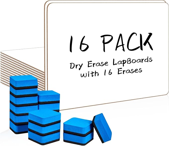 16 Pack Double Sided Dry Erase Boards with 16 Erasers, 12.5 x 9 Inch | Double-Sided Reusable Small White Board, Smooth Writing & Wipe-Clean Design, Portable Study Whiteboard