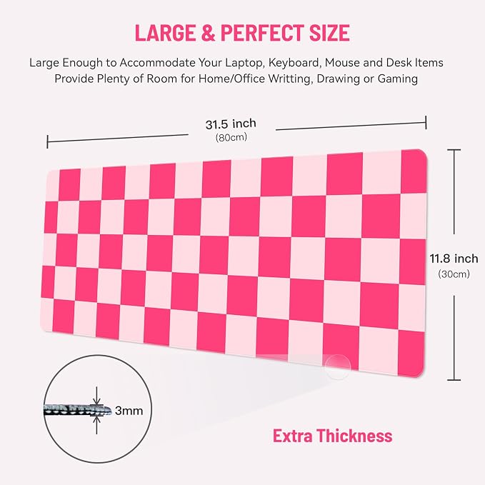 Mousepad Desk Mat Gaming Large Keyboard Cute Office Desktop Computer Laptop Checkered XXL Long Giant Big Kawaii Aesthetic Girly Pretty Design Women Girl Gamer Oversized Wide 30x12'' Mousepad