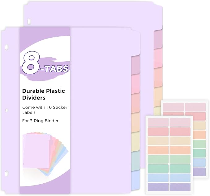8 Tab Write & Erase Durable Plastic Dividers for 3 Ring Binders, 2 Sets | Binder Dividers for Letter Size,Divider Organizers for Student, Teacher, College & Office,Aesthetic Pastels School Supplies