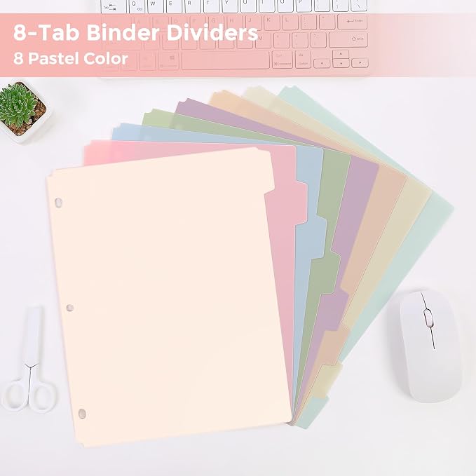 SKYDUE 8 Tab Write & Erase Durable Plastic Dividers for 3 Ring Binders | Letter Size Binder Dividers with Sticker Labels,Aesthetic Pastels Divider Perfect for School, College & Office Life,1 Set