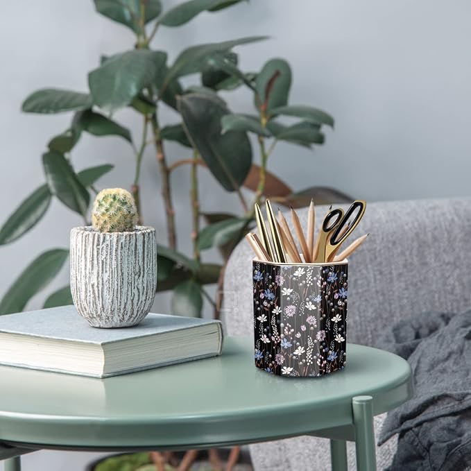 Ceramic Floral Pen Holder for Desk, Cute Large Capacity Colored Pencil Organizer for Office, Makeup Brush Holder for Girl Women, Black Flower