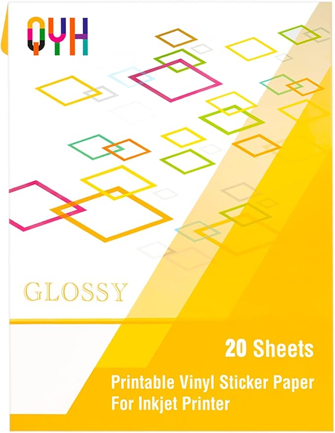QYH Premium Printable Vinyl for Inkjet Printer-20 Glossy Sticker Paper Waterproof 8.5’’x11’’ White Labels