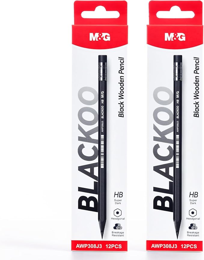 M&G BLACKOO Series HB Wood-Cased Pencils, 24-Pack Pre-Sharpened with Top Erasers, Bulk Black Pencils for School, Teachers, Writing, Drawing and Sketching (Black)