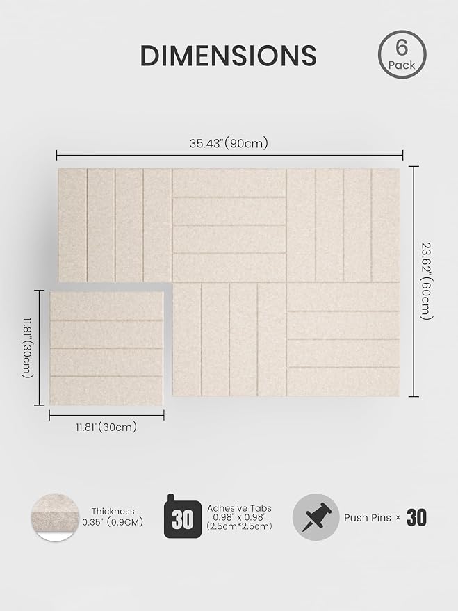 Bumusty 36"x 24" Large Felt Bulletin Board Tiles, Oatmeal | 6-Pack Cork Board Alternative, Wall Decor, 30 Pushpins, 30 Adhesive Tabs, Vision Board, Office, Classroom, Home, Dorm