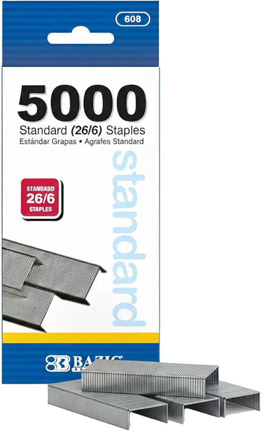 BAZIC Products Standard Staples Refill 26/6, Durable Silver Stapler Refill for Home, Office and School Use, Smooth Loading and Jam-Resistant for Everyday Document Stapling, 5,000/Pack, 1-Pack
