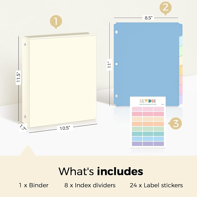 SKYDUE 1 Inch 3 Ring Binder with 8 Tab Dividers & 24 Labels, Pastel Binder Organizer for Letter Size Paper, Aesthetic School Binder for Notes, Documents, Office & Home Organization, Pearl White