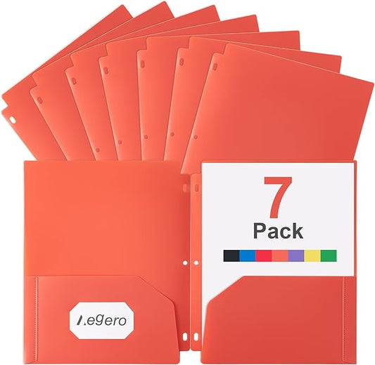 Plastic 3 Hole Punch Folders with Pockets (7 Pack, Orange), Fits 3-Ring Binder, Divider Folder for Notebook, Durable Poly，Holds US Standard 8.5x11 Letter Size Paper