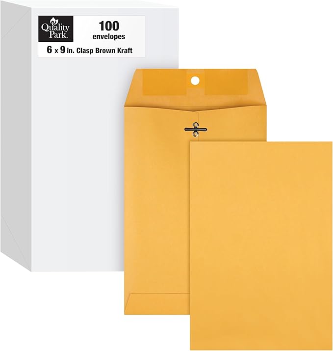 Quality Park 6x9 Clasp Envelopes, Extra Heavyweight 32 lb. Manila Kraft Envelopes, Gummed Seal and Clasp for Storing or Mailing, 100/Box (QUA37755)