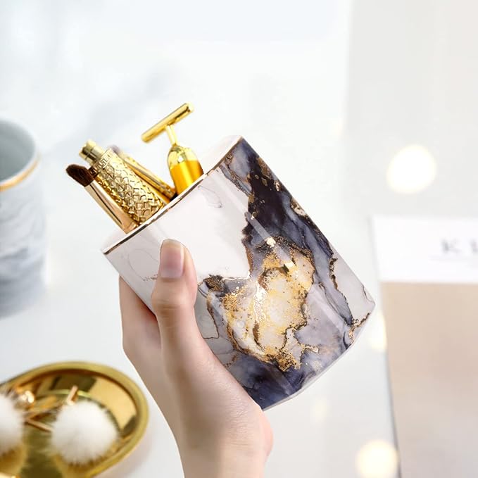Ceramic Pen Holder for Desk Cute, Pencil Cup Pot Desk Organizer, Makeup Brush Holder for Women, Men, Kids, Desk Marble Decor for Office, Classroom, Home, Gray Golden