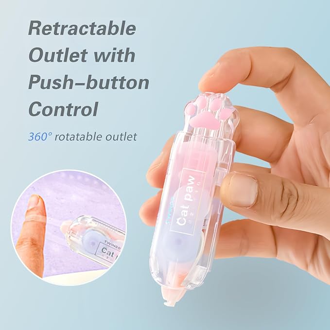 3Pcs Retractable White Correction Tape,Cute Cat Paw Correction Tape Pens | Mini Aesthetic Pen Shaped White Applicator with Easy to Use Out Tape for Back to School Office Supplies