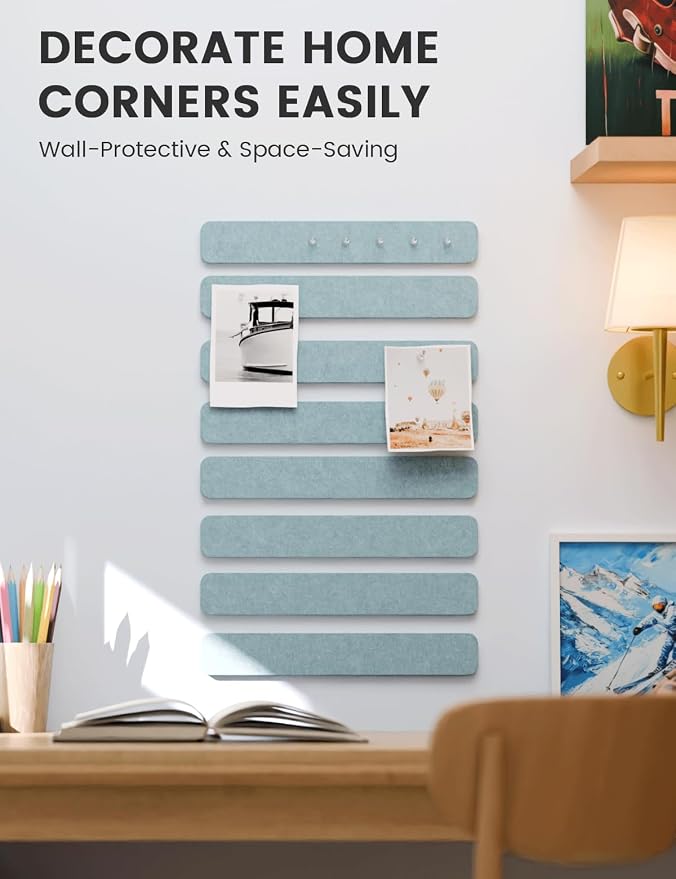 Fluxynara 13" x 2" Felt Wall Panels, Teal Blue | 8-Pack Includes 50 Push Pins and Adhesive Tabs for Photos, Notes and Decor in Bedroom Doors, Home Office or Studios