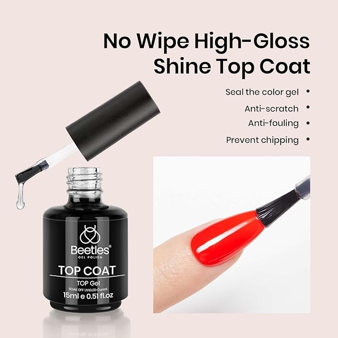 beetles Gel Polish No Wipe Gel Top Coat - Clear Color Top Coat Gel Nail Polish Shine Finish and Long Lasting, Soak Off Nail Lamp, 15ml Spring Nails Gifts for Women