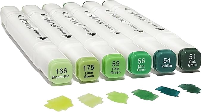 Arhomet 6pcs Green Forest Trees Grass Colors Alcohol Markers Set, Dual Tips Art Markers Drawing Sketched Double Tipped for Adults Beginner Artists (Green)