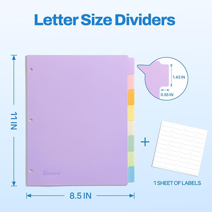 SUNEE 8 Tab Binder Dividers,Plastic Dividers for 3 Ring Binder,3 Ring Binder Dividers with Tabs for School Office Home Supplies,Soft Color, 3 Set