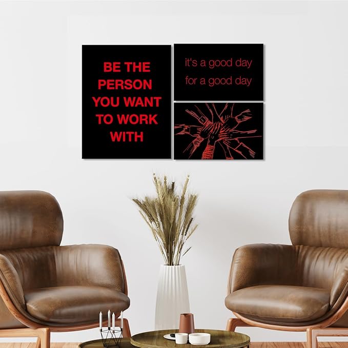 YEOION Inspirational Office Wall Art for Women,Motivational Teamwork Wall Decor for Office,Black and Red Postive Quote Workplace Canvas Wall Art for Set of 6