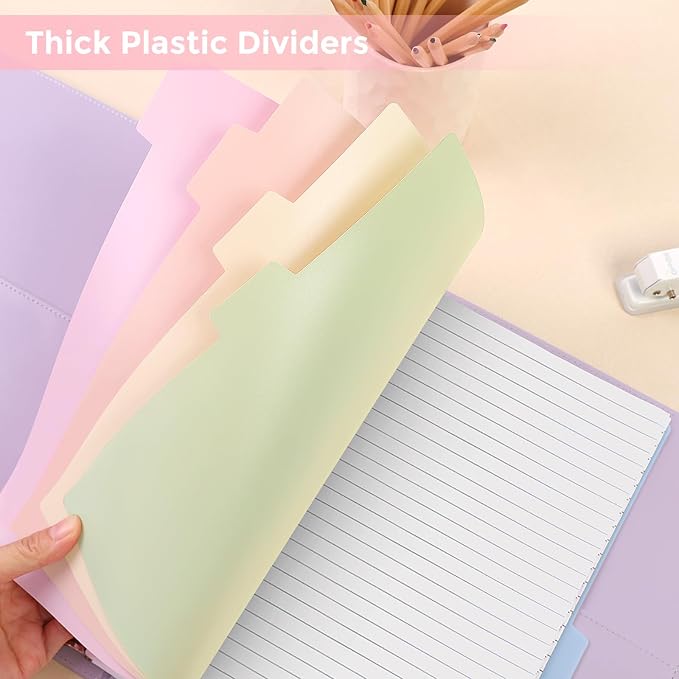 SKYDUE Durable Plastic 8-Tab Dividers,6sets,Big Tab Dividers for 3 Ring Binder, Write&Erase 3 Ring Binder Dividers with Tabs,with Sticker Labels，Pink