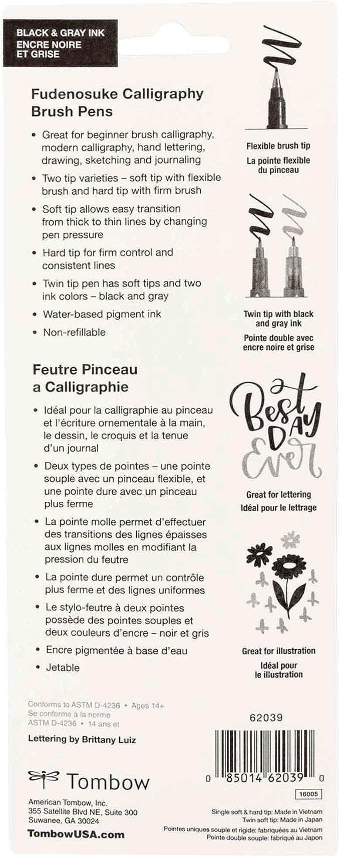 Tombow 62039 Fudenosuke Brush Pens, 3-Pack. Soft, Hard, and Twin Tip Markers for Calligraphy and Art Drawings