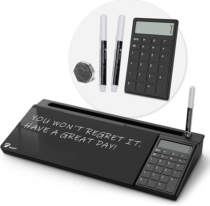 TOWON Glass Desk Whiteboard with Calculator 17x6 in, Desk Organizer, Black | Desktop whiteboard with 12-digit LCD calculator. Storage for office, home, school. Glass dry erase with accessories.