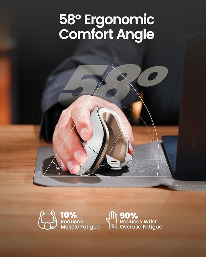 ProtoArc EM11 NL Wireless Ergonomic Mouse, Rechargeable, White Gold | 58° vertical design supports a natural wrist posture, connect 3 devices via Bluetooth/2.4G USB-A, 500mAh USB-C rechargeable.
