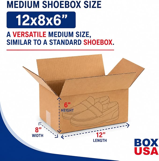 BOX USA Shipping Boxes Medium 12"L x 8"W x 6"H 25-Pack - Corrugated Cardboard Box for Moving, Mailing, Packing, Packaging and Storage
