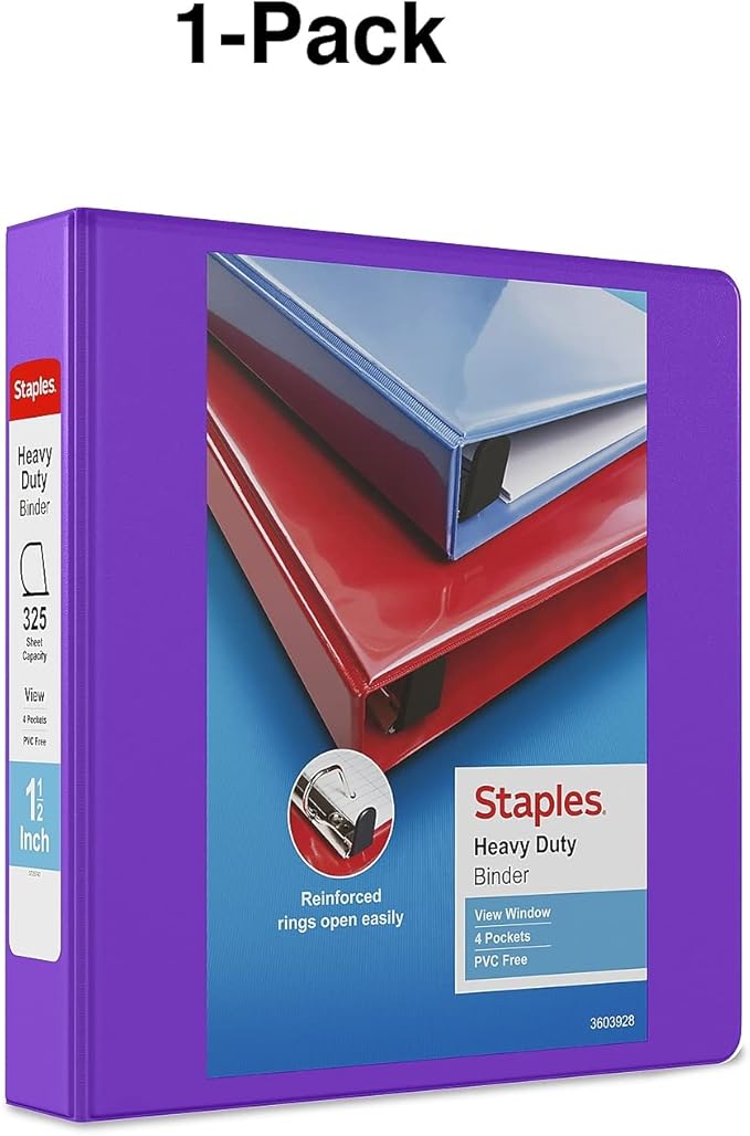 Staples Heavy-Duty 1.5-Inch D-Ring View Binder, Reinforced Spine, Holds Up to 350 Sheets, Purple, for Office & School