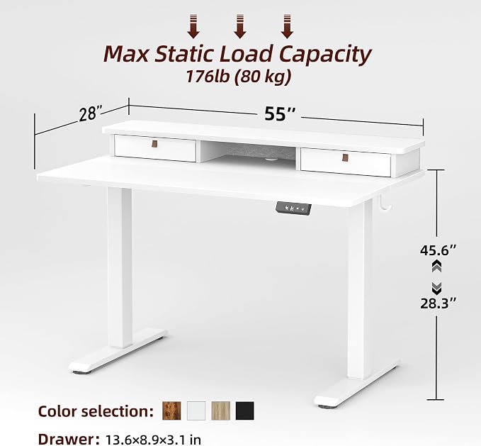 TIQLAB 55 * 28 inch Standing Desk with Two Drawers&Top Shelf, White | Smooth Height Adjustment, 2 Memory Presets, One-Touch Control, Stable Steel Frame, 176 lbs Capacity, Easy Assembly
