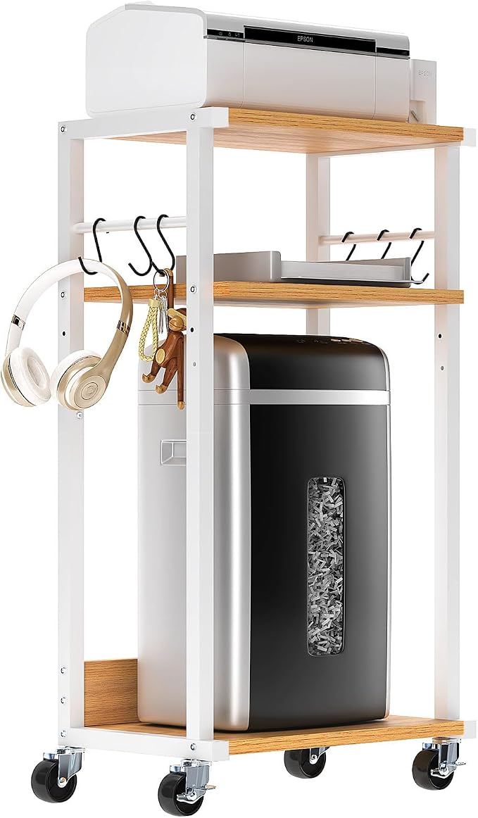 YMYNY 3-Tier Mobile Printer Stand 32.28 * 17.32 * 11.81" Natural HPT002N | Printer Cart with Adjustable Storage Shelf & 6 S-Hooks Tall Printer Table for Home Office,for Computer Tower Stand,Shredder