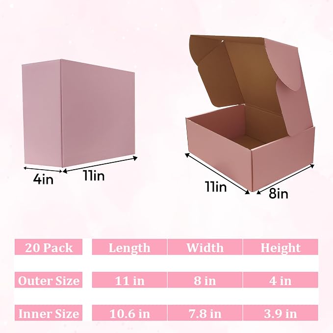 Pink Shipping Boxes 20 Pack 11x8x4 inch, Corrugated Gift Mailer Boxes | Easy Assembly, Recyclable Mailers for Small Business and Gift Giving, Colorful Packing Box for Jewelry Cosmetics and Perfume