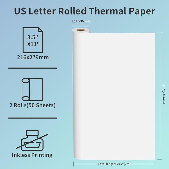 2 Rolls Thermal Printer Paper 8.5" x 11" US Letter Size - High-Efficiency Durable Printing for Picture or Home Work, Printing Contract, Compatible with Most Thermal Printers (50 Sheets / 2 Rolls)