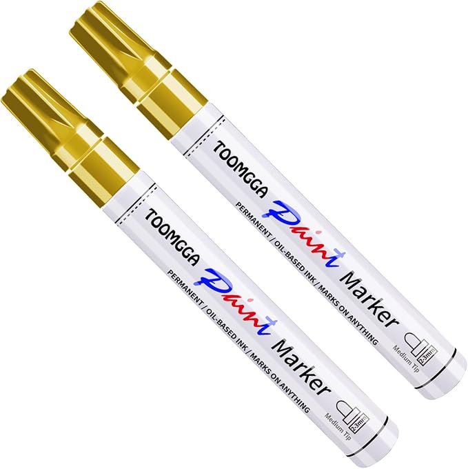 TOOMGGA 2 Gold Paint Pens Permanent Paint Markers, Oil Based Medium Tip | Marking Pens, Quick Drying, Waterproof, Fade-resistant, for Rock Painting, Car Tyre, Metal, Plastic, Canvas, Mugs, Wood