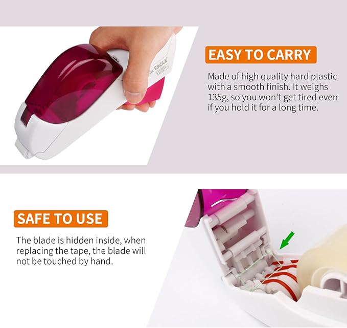 Eagle Automatic Tape Dispenser, Handheld & Portable Design, Office Tape Gun, One-Handed Operation with Safety Blade for Office, Home, DIY or Packaging (Includes 2 Free Tapes) (White)