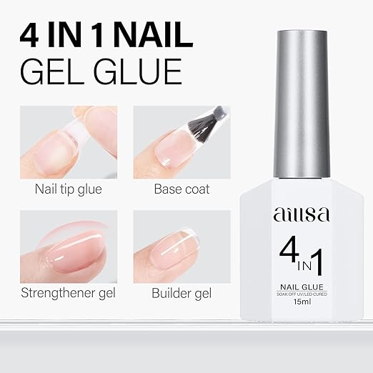 AILLSA 2PCS Gel Nail Glue for Acrylic Nails, 4 in 1 Super Strong Nail Gel Glues for False Nail Tips U V Curing Needed, 15ml High Capacity Gel Extension Brush On Nail for Rhinestone Pearl Foil
