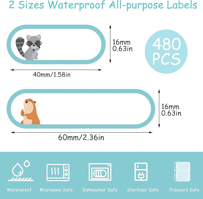 480 Pcs Baby Bottle Labels for Daycare, Waterproof Name Labels Self-Laminating, Write-on School Name Labels for Kids Name Tags Stickers(Cute Animal Style)