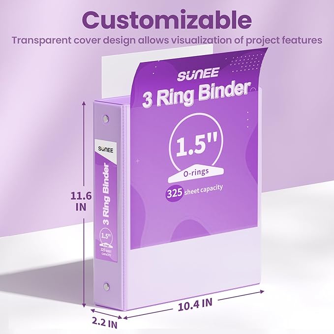 SUNEE 3 Ring Binder 1.5 Inch 2 Pack, Clear View Binder Three Ring PVC-Free (Fit 8.5x11 Inches) for School or Office Supplies, Purple